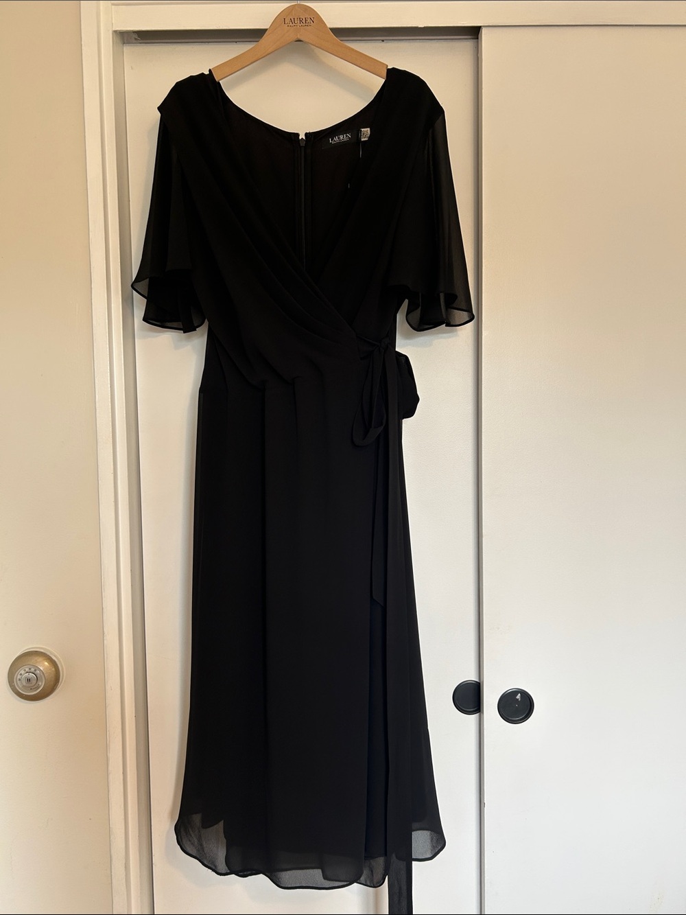 Lauren Ralph Lauren Black Midi Wrap Dress with Flutter Sleeves
